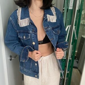 Sandro Denim Jacket with Rhinestone Fringe